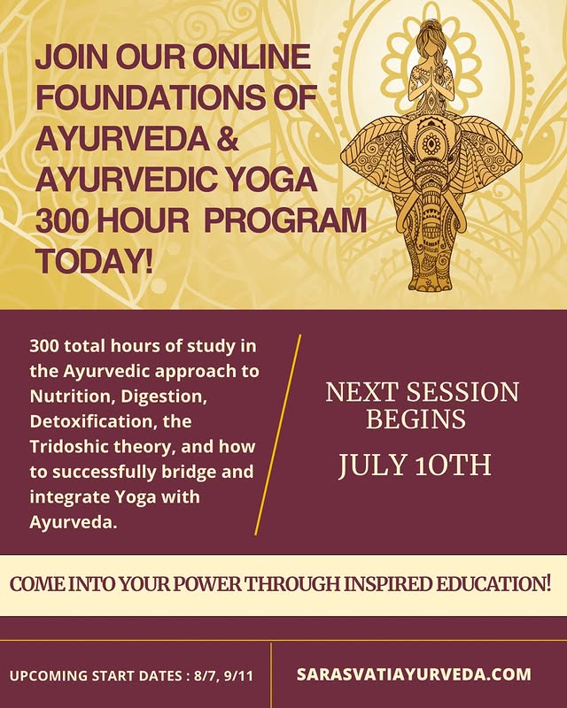 Sarasvati Ayurveda Institute social post in turmeric and aubergine, with mandala elephant illustration